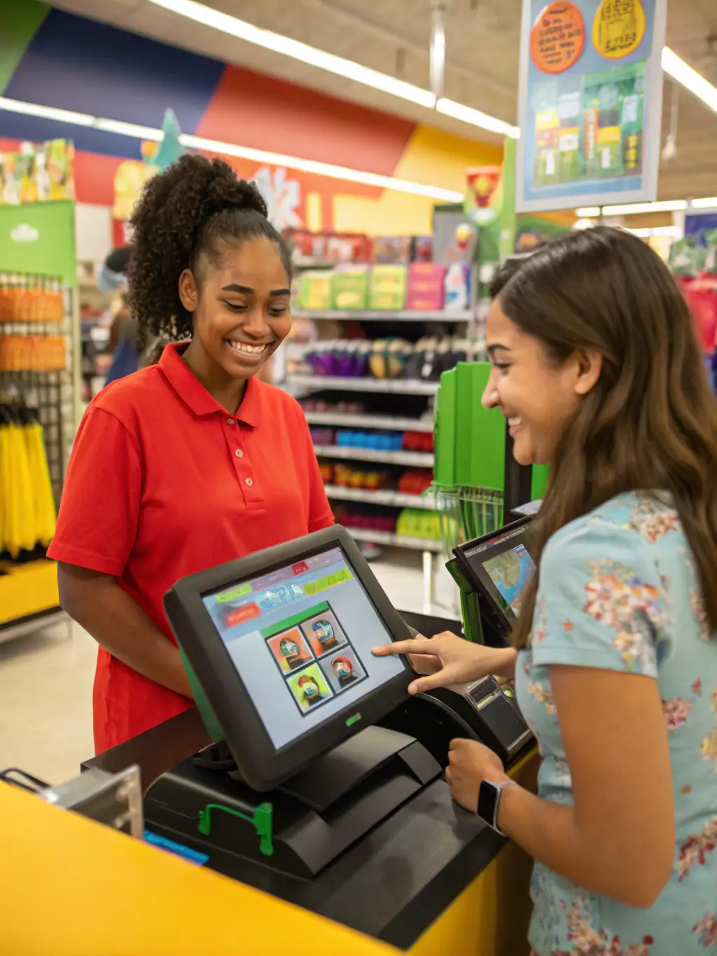 A brightly lit modern retail store checkout counter with a 2-RH system terminal in use, processing a customer's payment quickly and efficiently. The scene emphasizes speed and ease of use.