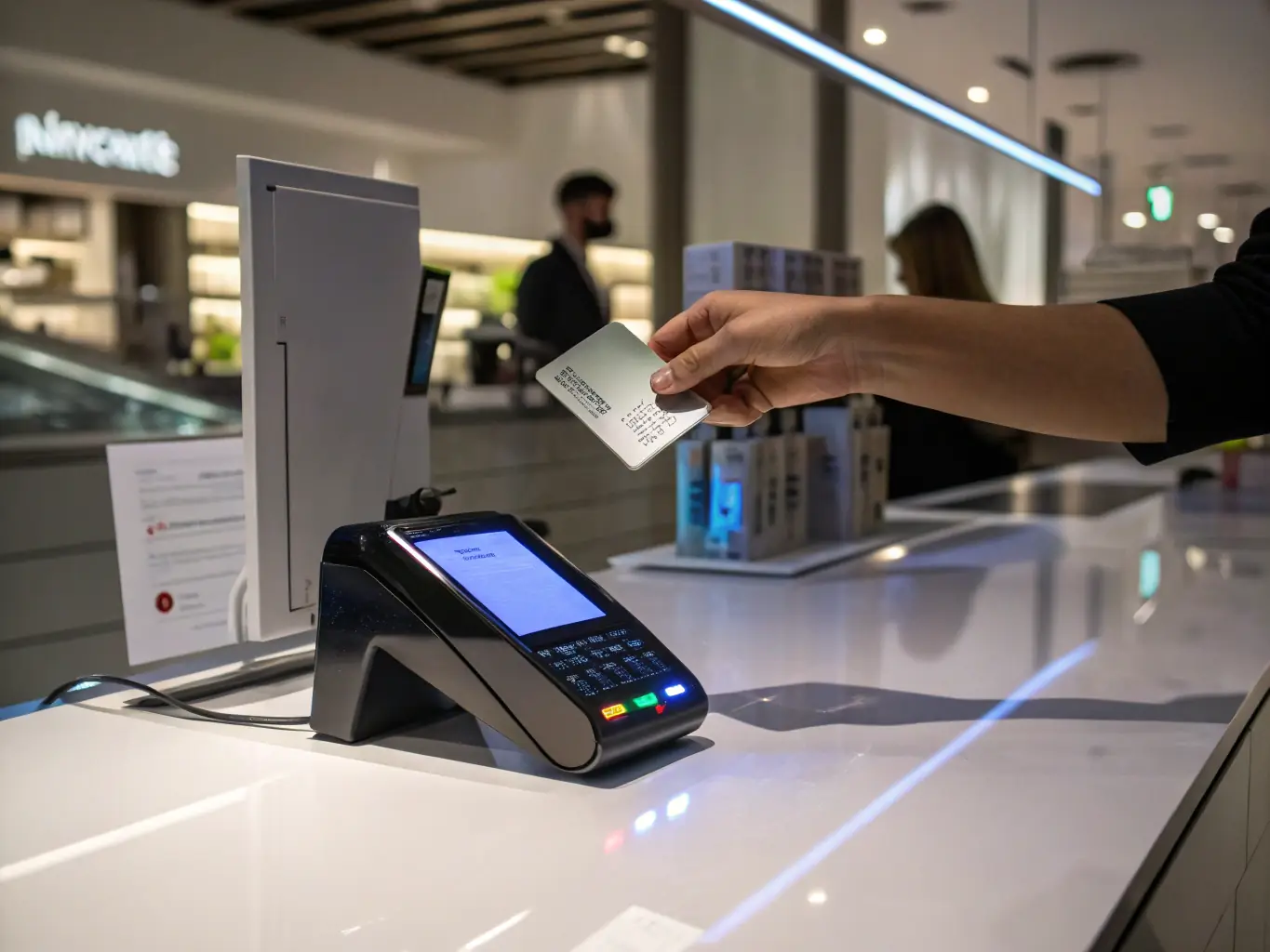 A detailed photograph showcasing a modern POS terminal with a customer making a contactless payment, set in a busy retail environment.