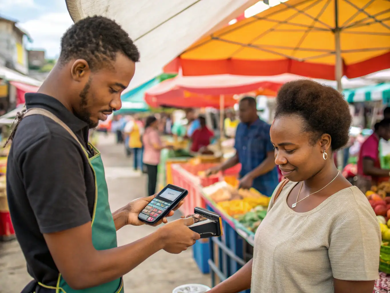 A sleek mobile payment terminal being used by a vendor at an outdoor market, highlighting its portability and convenience.