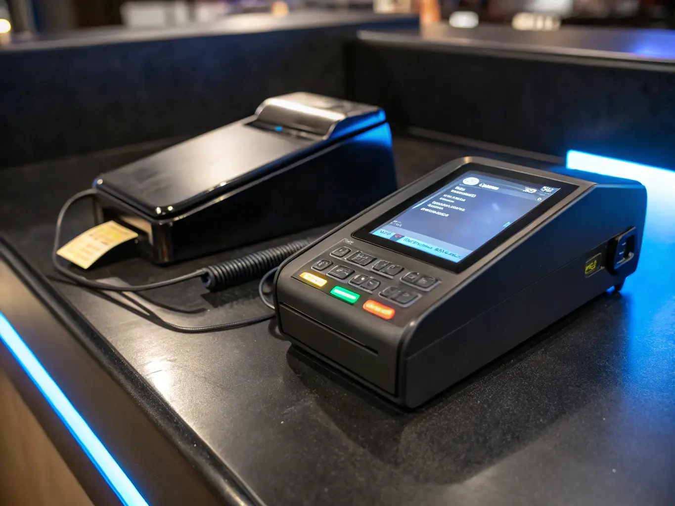 An image of a traditional credit card terminal on a counter, with a focus on its ease of use and reliability in a small business setting.
