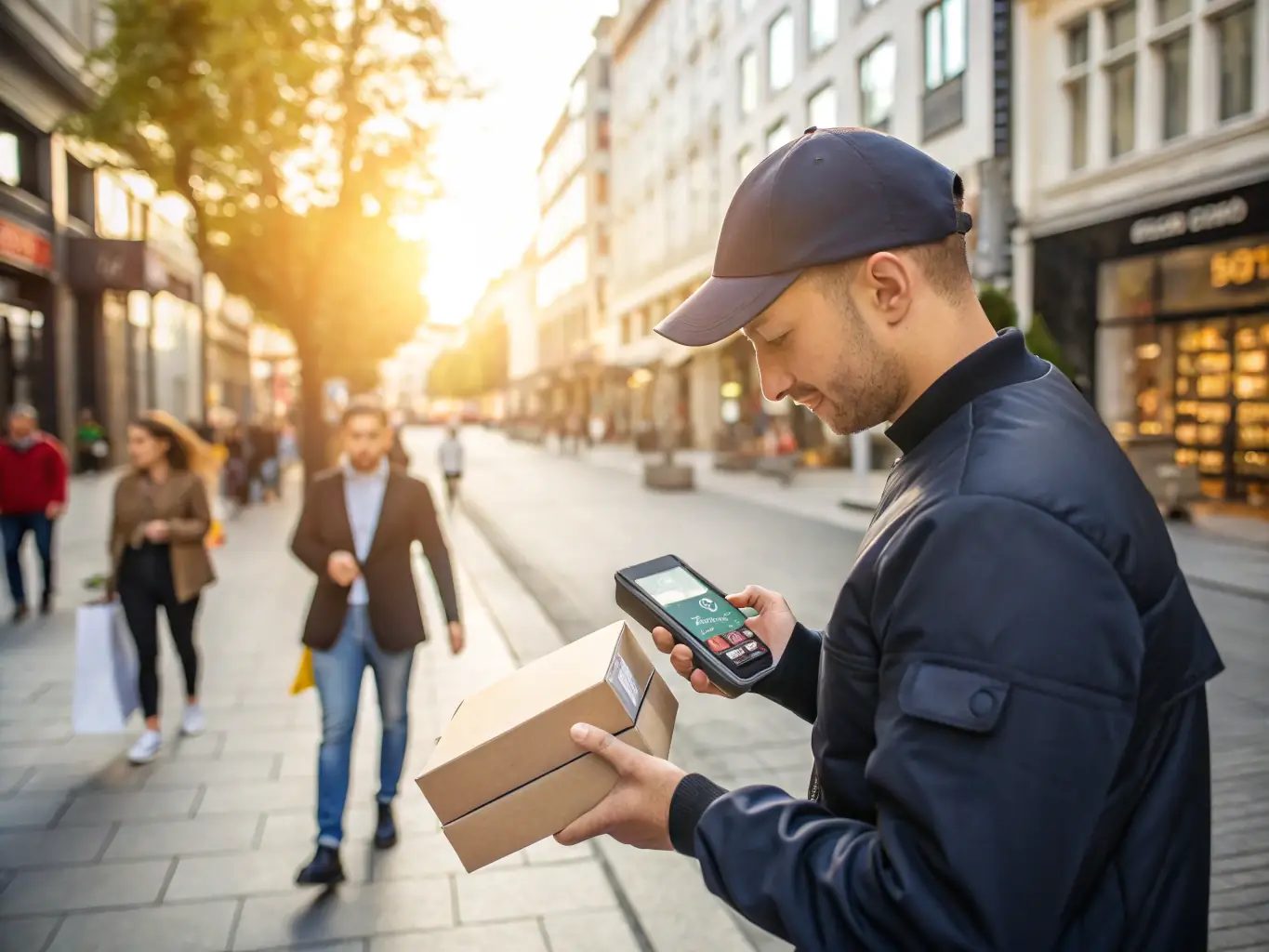 A sleek mobile POS system with a tablet and card reader, used by a vendor at an outdoor market to process a transaction.